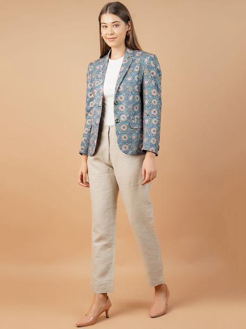 INDOPHILIA Floral Printed Notched Lapel Collar Single-Breasted Cotton Blazer - Image 3