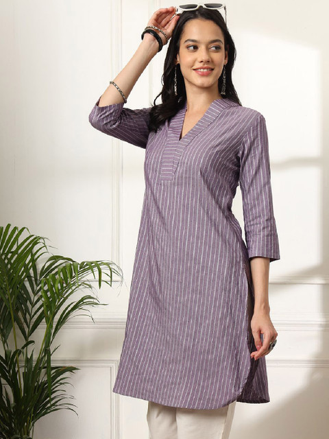 Anouk Rustic V-Neck Striped Cotton Straight Kurta
