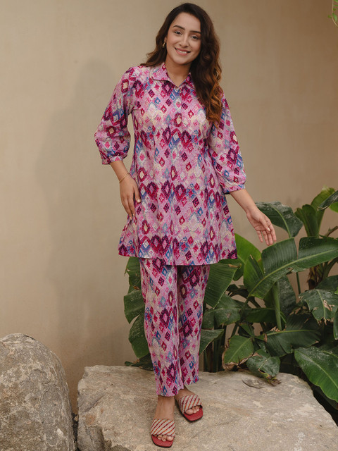 Zeyo Geometric Printed Shirt Collar Three-Quarter Sleeves Top With Trouser