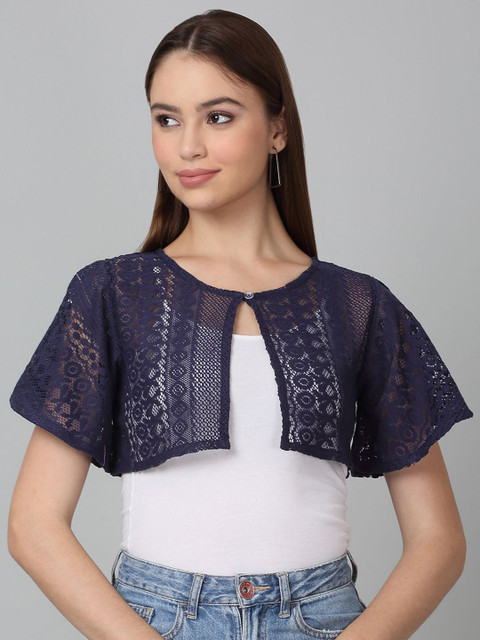 Dressitude Self Design Crop Button Shrug