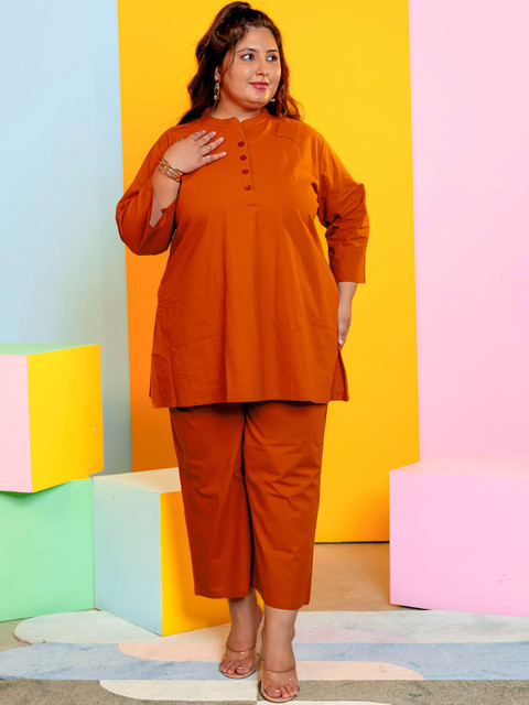 LALI JAIPUR Plus Size Mandarin Collar Pure Cotton Tunic & Palazzo