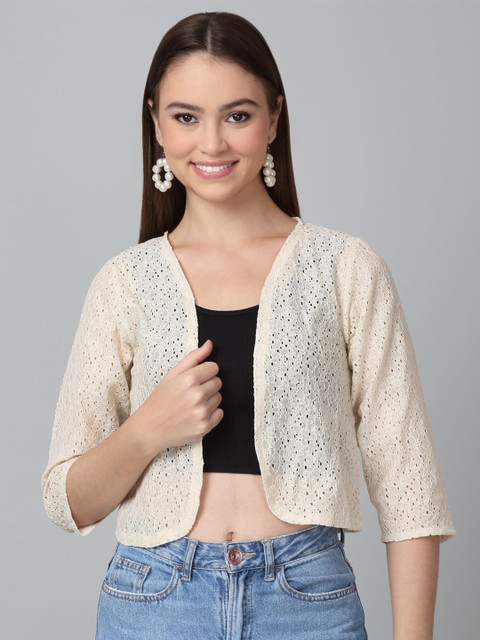 Dressitude Self Design Cotton Open Front Crop Shrug