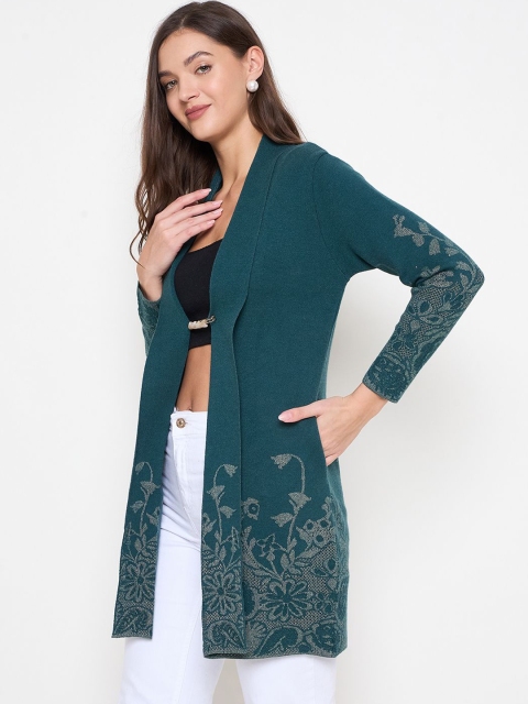Zigo Floral Self Design Longline Woollen Open Front Shrug - Image 4