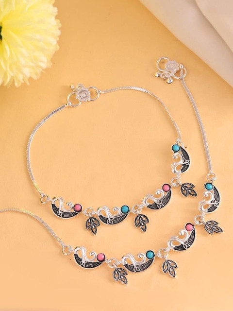 VOJ Pack Of 2 Silver-Plated Artificial Beads Anklet