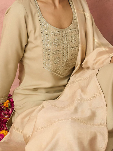 KALINI Ethnic Motifs Yoke Design Straight Thread Work Kurta with Trousers & Dupatta - Image 2