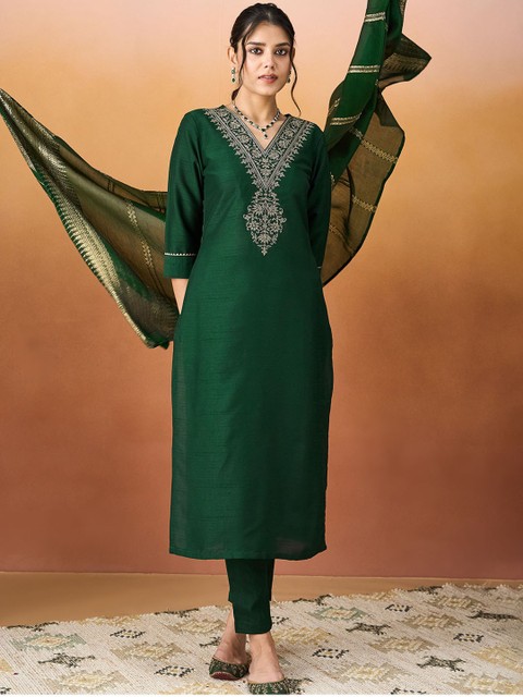 KALINI Ethnic Motifs Embroidered V-Neck Straight Kurta With Trousers & Dupatta