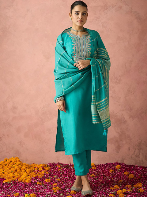 KALINI Ethnic Motifs Embroidered Straight Kurta With Trousers & Dupatta