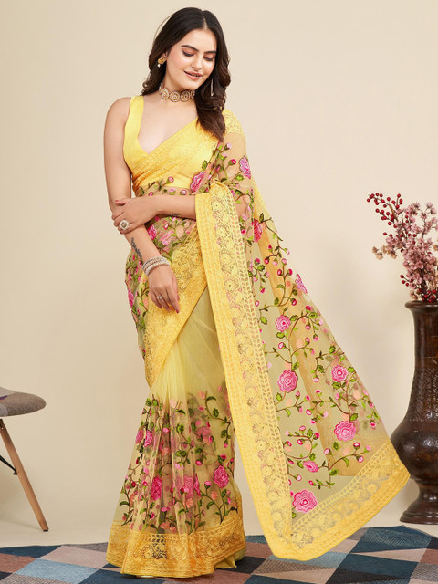 VAIRAGEE Floral Embroidered Net Saree - Image 4