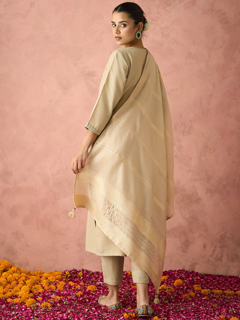 KALINI Ethnic Motifs Yoke Design Straight Thread Work Kurta with Trousers & Dupatta - Image 4