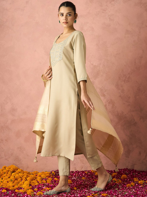 KALINI Ethnic Motifs Yoke Design Straight Thread Work Kurta with Trousers & Dupatta - Image 3