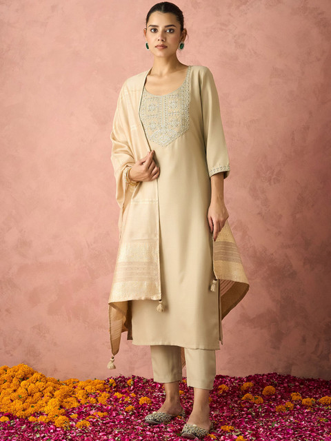 KALINI Ethnic Motifs Yoke Design Straight Thread Work Kurta with Trousers & Dupatta - Image 5