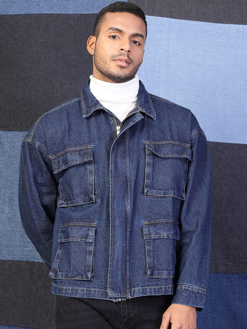 VESTIDO MODAS Men Denim Cargo Utility Oversized Jacket