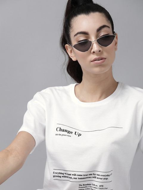 The Roadster Lifestyle Co Women White Pure Cotton Printed Round Neck Pure Cotton T-shirt