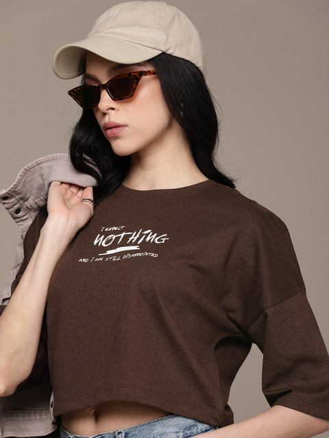 The Roadster Life Co. Typography Printed Drop-Shoulder Sleeves Boxy Crop T-shirt