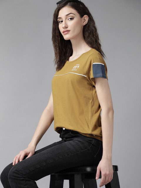 The Roadster Lifestyle Co. Women Mustard Yellow Solid Pure Cotton Regular Fit T-shirt