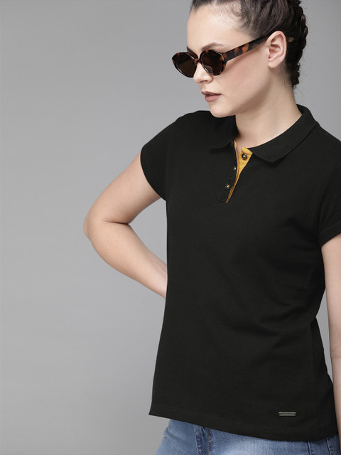 Roadster Women Black Solid Polo Collar Cotton T-shirt
