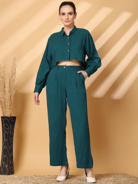 plusS Pure Cotton Long Sleeves Crop Shirt With Trouser