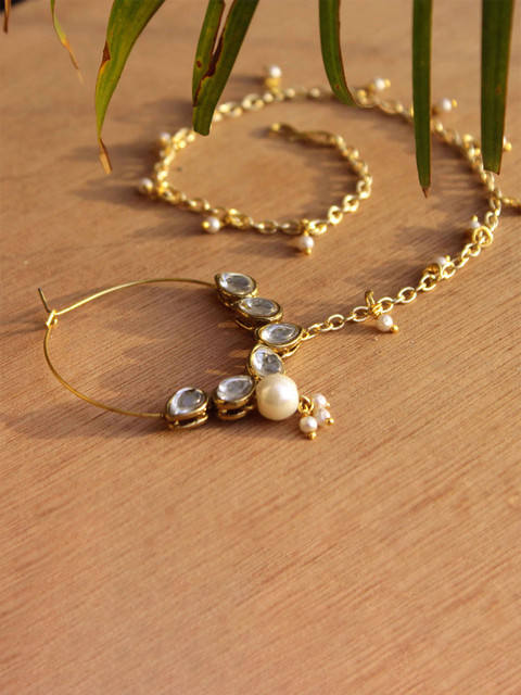 BeAbhika Gold-Plated Pearls Chained Nosepin