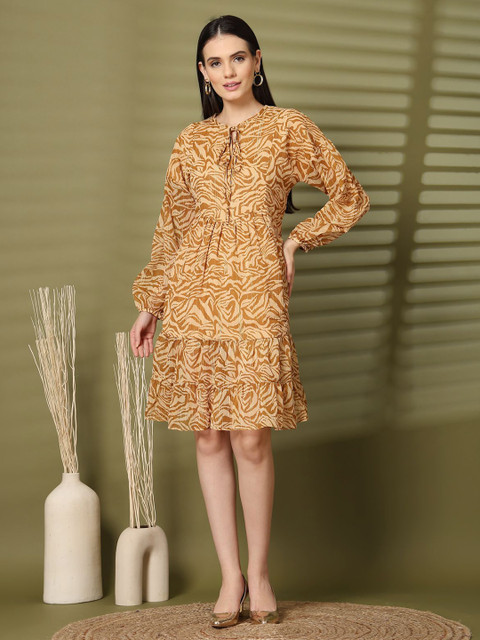 plusS Women Floral Printed Puff Sleeves Fit & Flare Dress