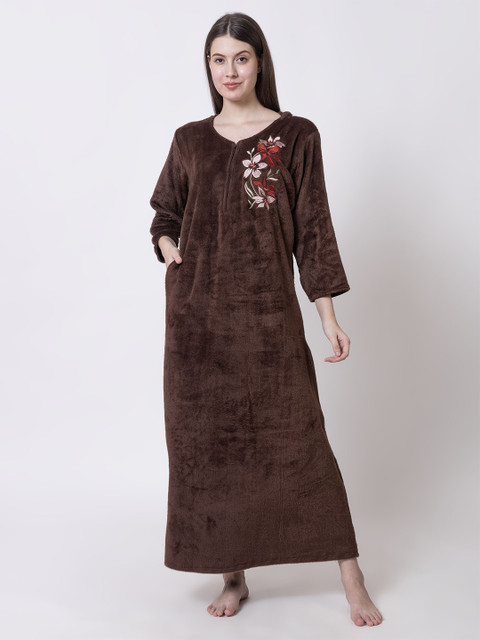AVYAY Women Woollen Embroidered Maxi Nightdress