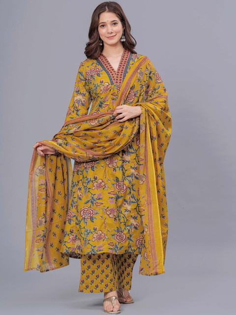 Arayna Floral Printed Pure Cotton Straight Kurta With Palazzos & Dupatta