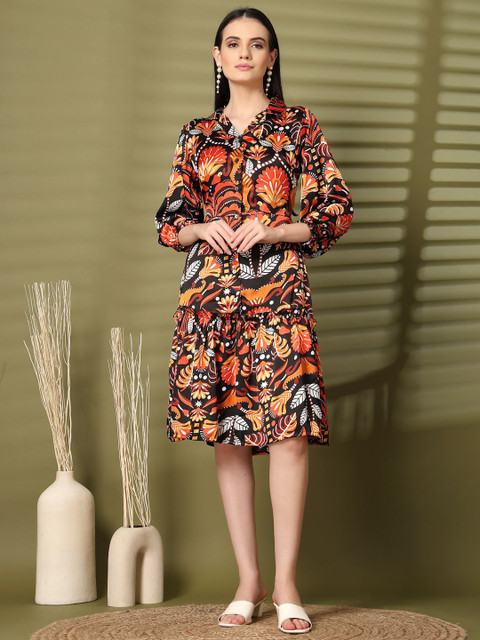 plusS Women Floral Printed Puff Sleeve Fit & Flare Dress
