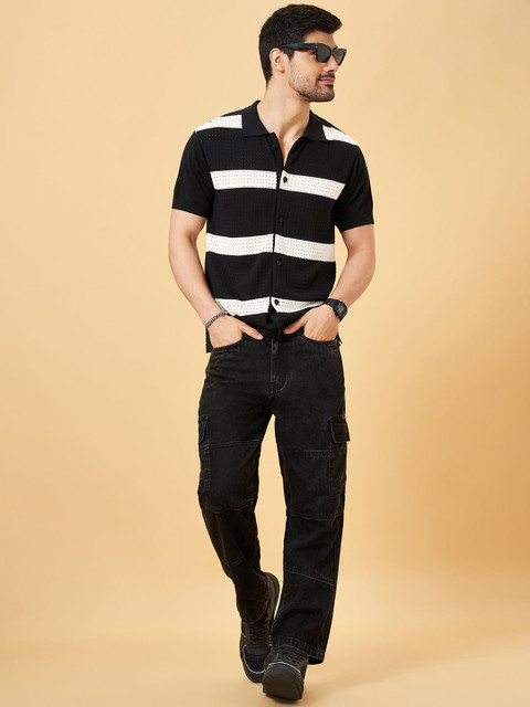 People Men Band Collar Horizontal Striped Cotton Slim Fit Casual Shirt - Image 6