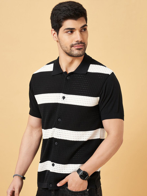 People Men Band Collar Horizontal Striped Cotton Slim Fit Casual Shirt - Image 4