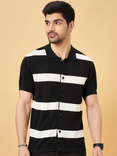 People Men Band Collar Horizontal Striped Cotton Slim Fit Casual Shirt - Image 2