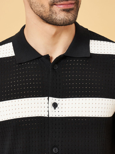 People Men Band Collar Horizontal Striped Cotton Slim Fit Casual Shirt - Image 3