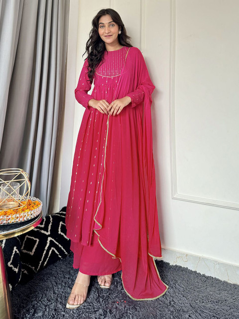 Janasya Pink Printed Anarkali Kurta with Palazzos & Dupatta Georgette Set