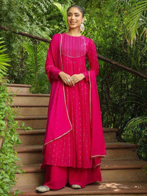Janasya Pink Printed Anarkali Kurta with Palazzos & Dupatta Georgette Set - Image 7