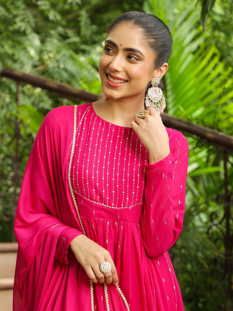 Janasya Pink Printed Anarkali Kurta with Palazzos & Dupatta Georgette Set - Image 2