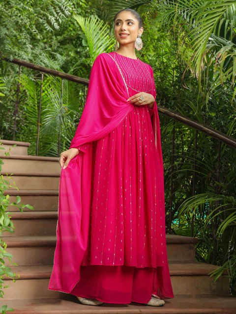 Janasya Pink Printed Anarkali Kurta with Palazzos & Dupatta Georgette Set - Image 3
