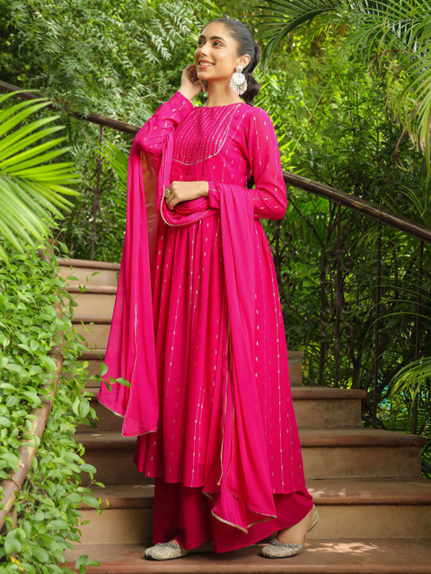 Janasya Pink Printed Anarkali Kurta with Palazzos & Dupatta Georgette Set - Image 4