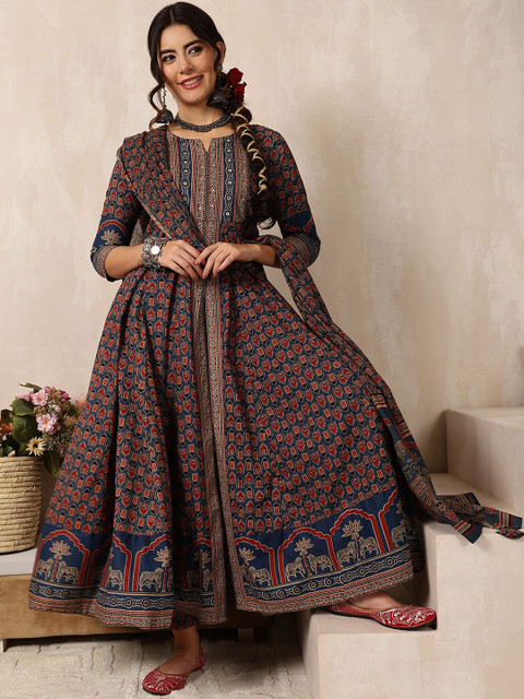 GULMOHAR JAIPUR Floral Printed Mirror Work Pure Cotton Anarkali Kurta & Palazzo & Dupatta