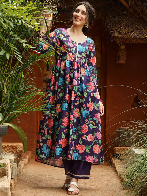 QISSA Floral Printed Gotta Patti V-Neck Pure Cotton Straight Kurta with Trouser & Dupatta