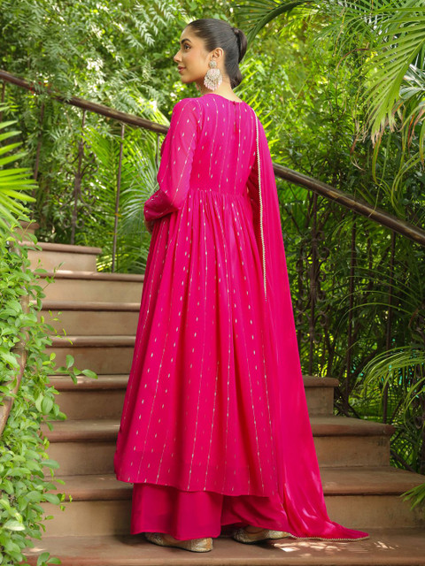 Janasya Pink Printed Anarkali Kurta with Palazzos & Dupatta Georgette Set - Image 5