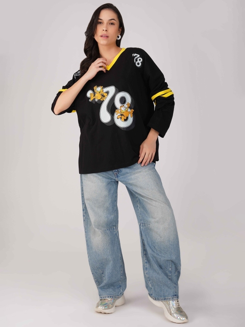THE CLOTHING FACTORY Women Typography V-Neck Extended Sleeves Applique T-shirt