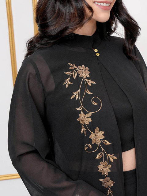 Vishudh Round Neck Sleeveless Top Wth Palazzo With Embroidered Shrug - Image 2