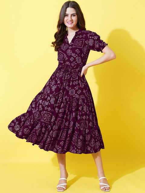 Purple Ethnic Motif V-neck Fit and Flare Dress