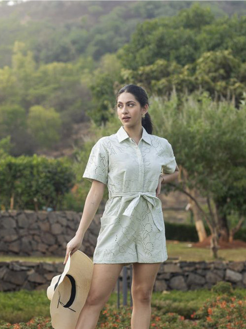 ELEVEN.O.ONE Women Green Cotton Short Sleeves Shirt Collar Jumpsuit