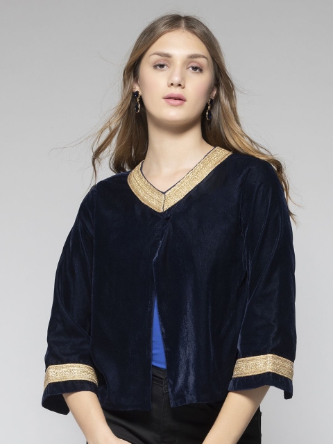 SHAYE Women Collarless Solid Embroidered Casual Tailored Jacket