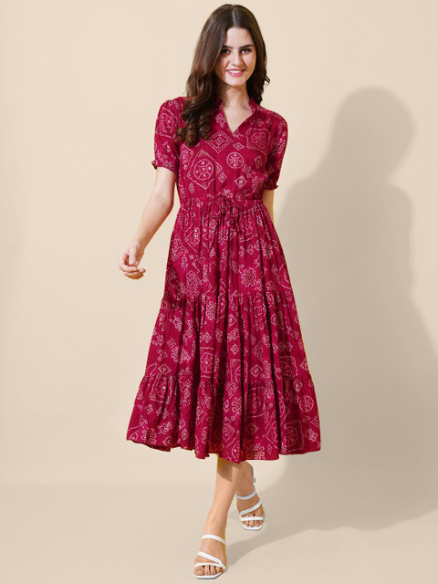 FLOWERVELLY Ethnic Motifs V-neck Fit and Flare Dress
