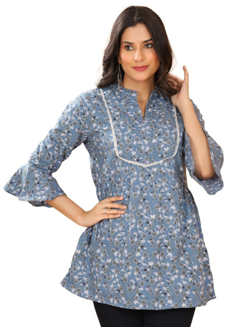 Cloth Bites Women Floral Printed Mandarin Collar Cotton Top