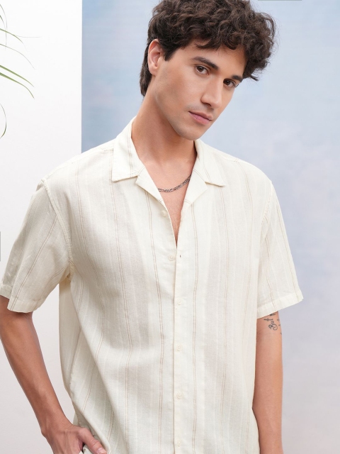 Highlander Men Cream Cream Striped Cuban Collar Casual Shirt