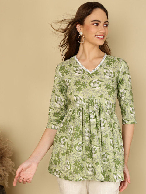 NISHABD Women Floral Printed V-Neck Pure Cotton Top