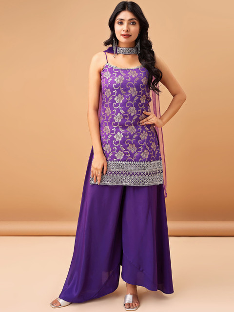 Sashay Boutique Ethnic Motifs Sequinned Straight Kurti with Sharara & With Dupatta