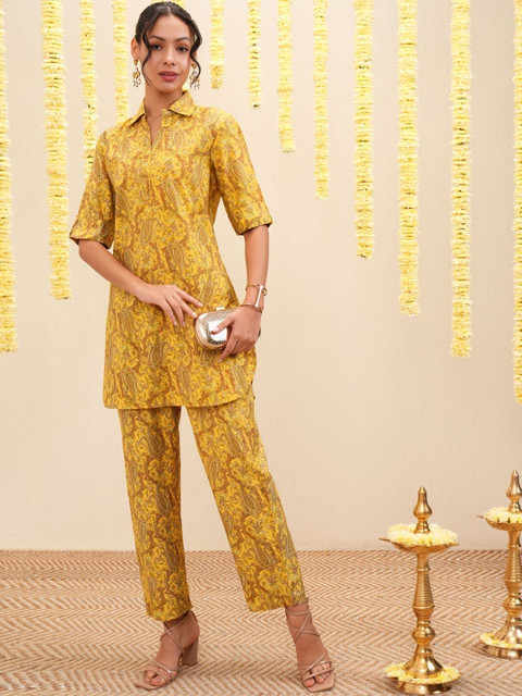 Vishudh Yellow & Brown Paisley Printed Shirt Collar Tunic & Trousers