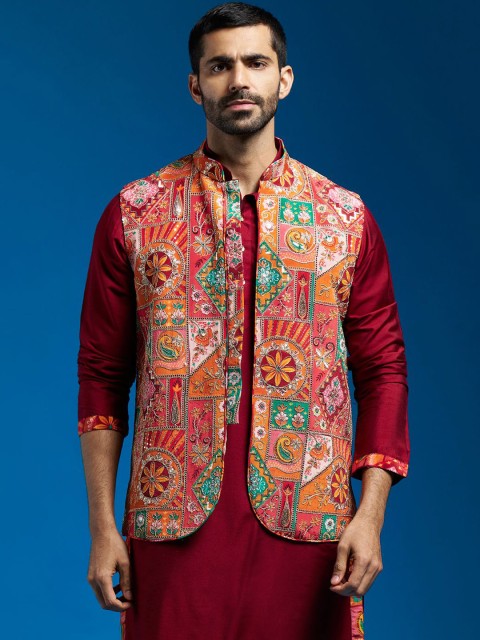 VASTRAMAY Men Embroidered Woven Nehru Jacket